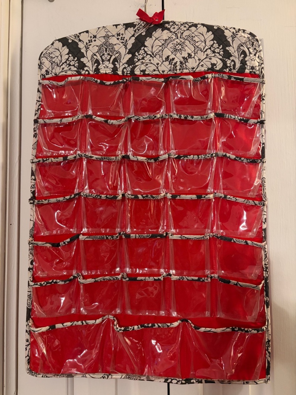 Red Clear Pocket Hanging Jewelry Organizer with Damask Trim